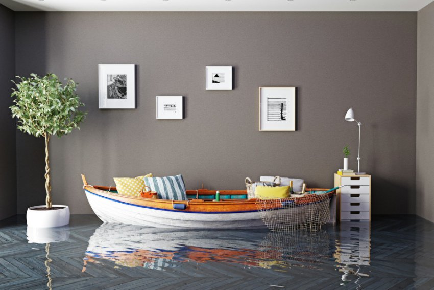 Flooded living room with boat as sofa, wall art, and houseplant