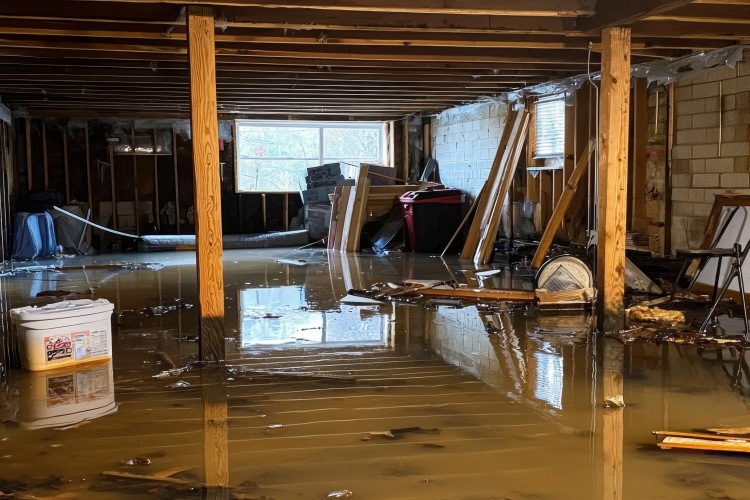 Unfinished basement with standing floodwater & visible property damage